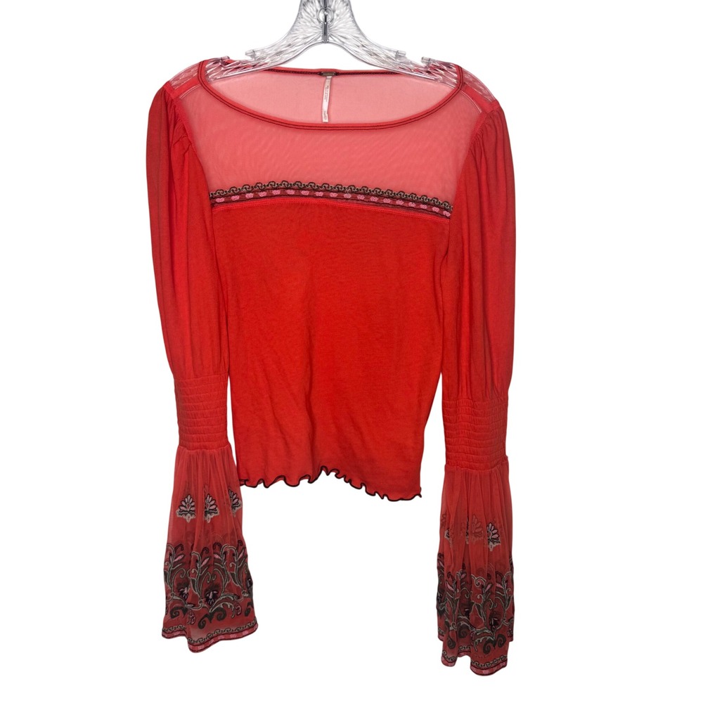 Free People Sheer Mesh Embroidered Bell Sleeve Top Coral Orange XS Boho Festival